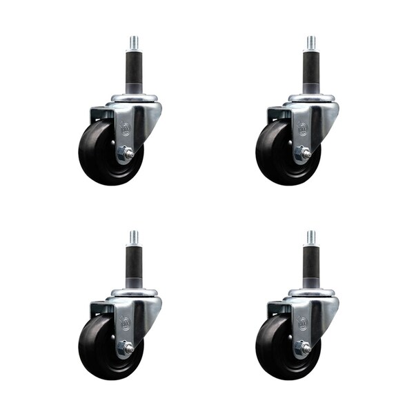 3'' SS Hard Rubber Wheel Swivel 1'' Expanding Stem Caster Set, 4PK